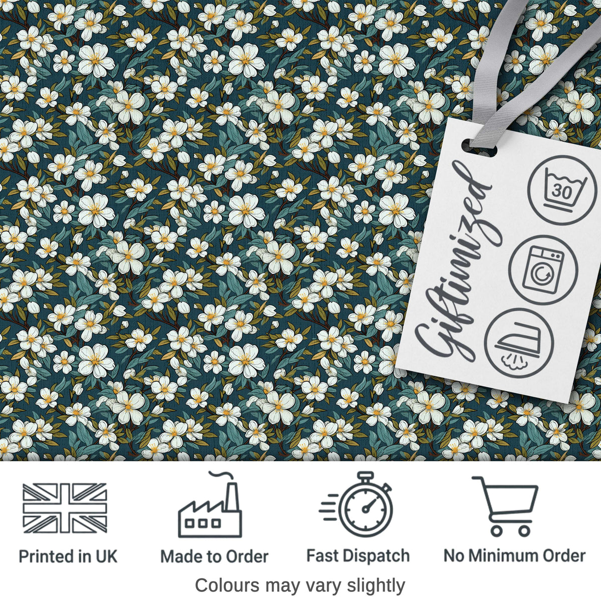 Teal Background White Floral Botanical Pattern with Detailed Leaves Digital Print Fabric by the Metre UK Sewing Quilting Textile