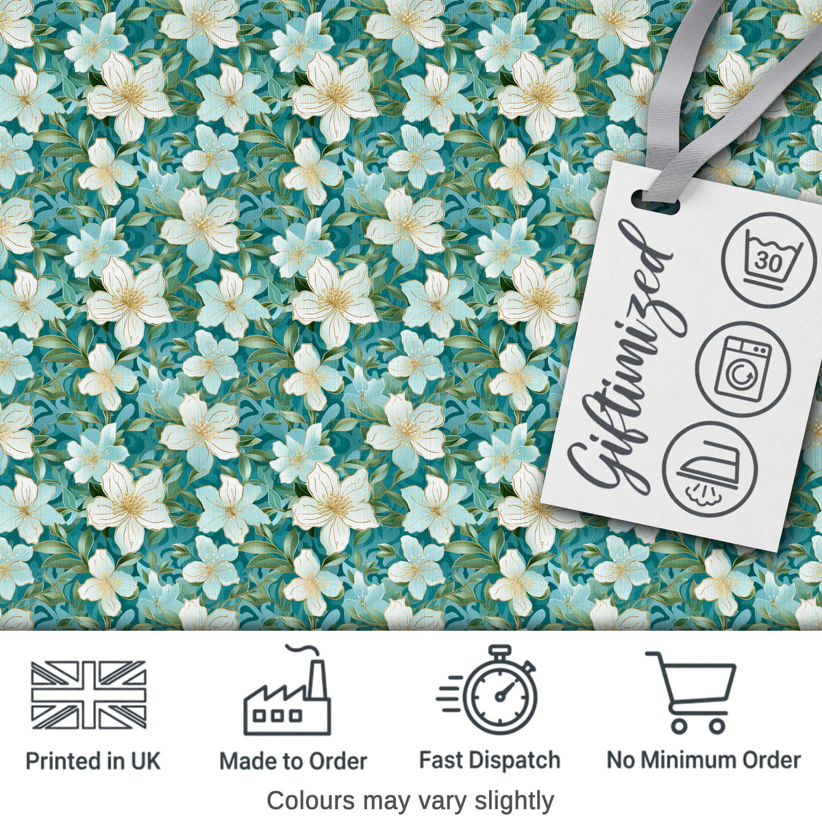 Aqua Floral Blossom Pattern with Soft White Flowers and Green Leaves Digital Print Fabric by the Metre UK Sewing Quilting Textile