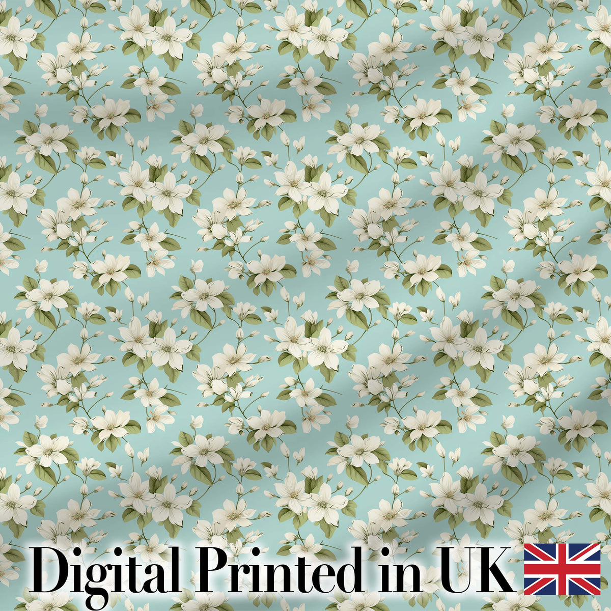 Light Blue Background Delicate White Flower Branch Pattern Botanical Digital Print Fabric by the Metre UK Sewing Quilting Textile