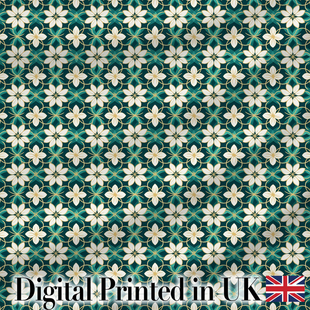 Elegant White Floral Lattice on Teal Geometric Background Seamless Pattern Digital Print Fabric by the Metre UK Sewing Quilting Textile