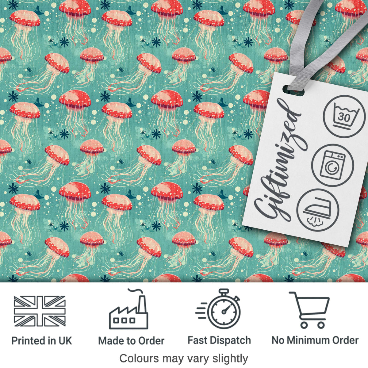 Cute Red Jellyfish Cartoon Style on Teal Background Seamless Marine Pattern Digital Print Fabric by the Metre UK Sewing Quilting Textile