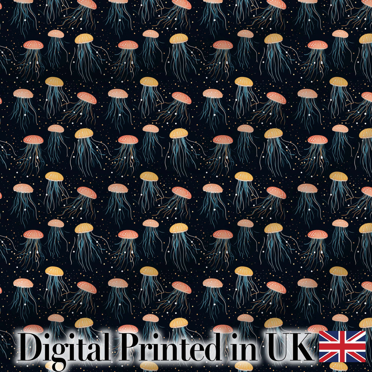 Jellyfish with Soft Orange and Blue Tones on Dark Background Digital Print Fabric by the Metre UK Sewing Quilting Textile