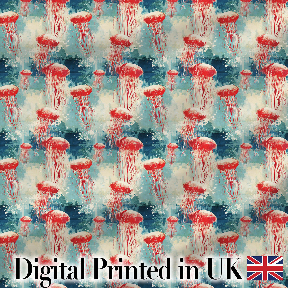 Watercolor Red Jellyfish on Ocean Blue Background Seamless Artistic Pattern Digital Print Fabric by the Metre UK Sewing Quilting Textile