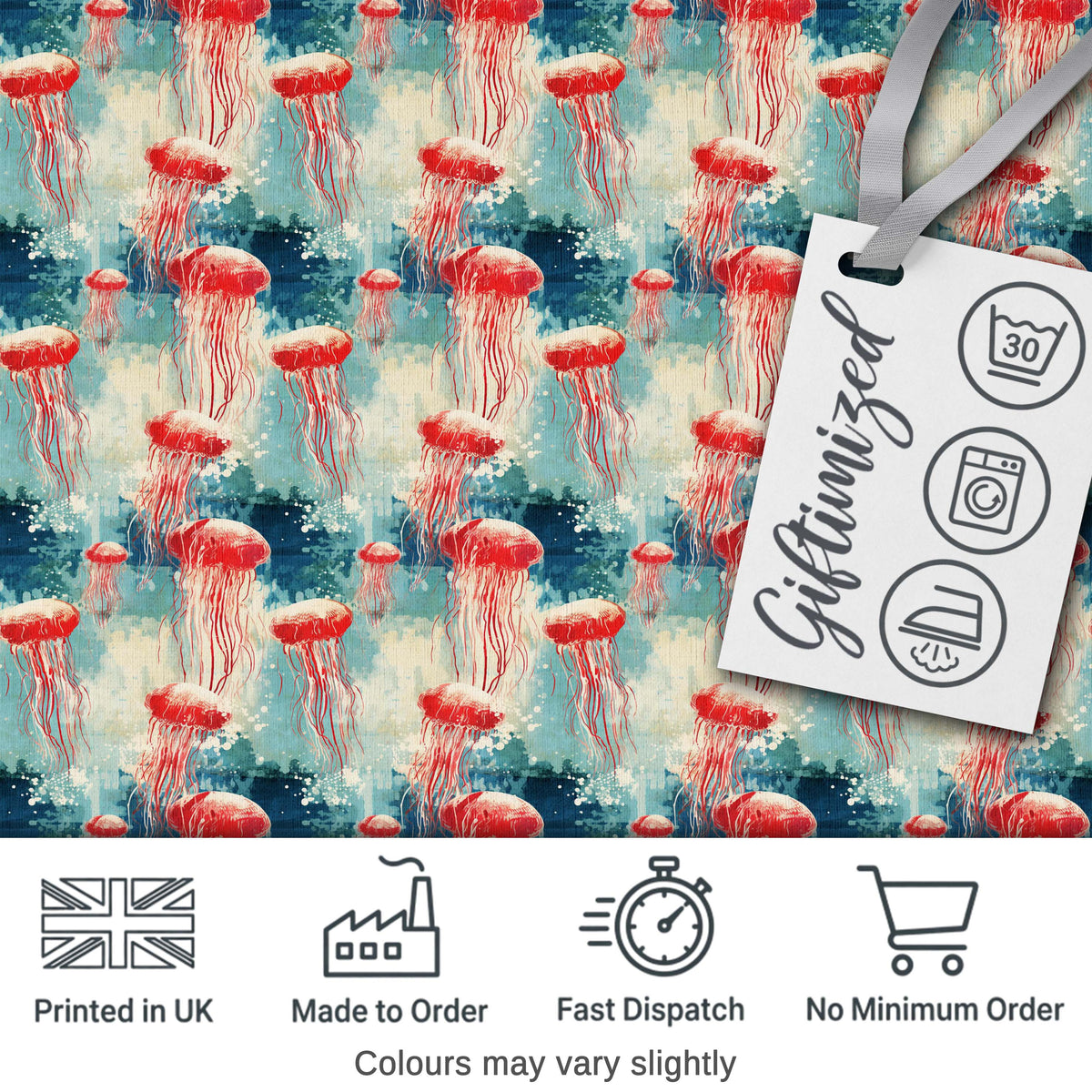 Watercolor Red Jellyfish on Ocean Blue Background Seamless Artistic Pattern Digital Print Fabric by the Metre UK Sewing Quilting Textile