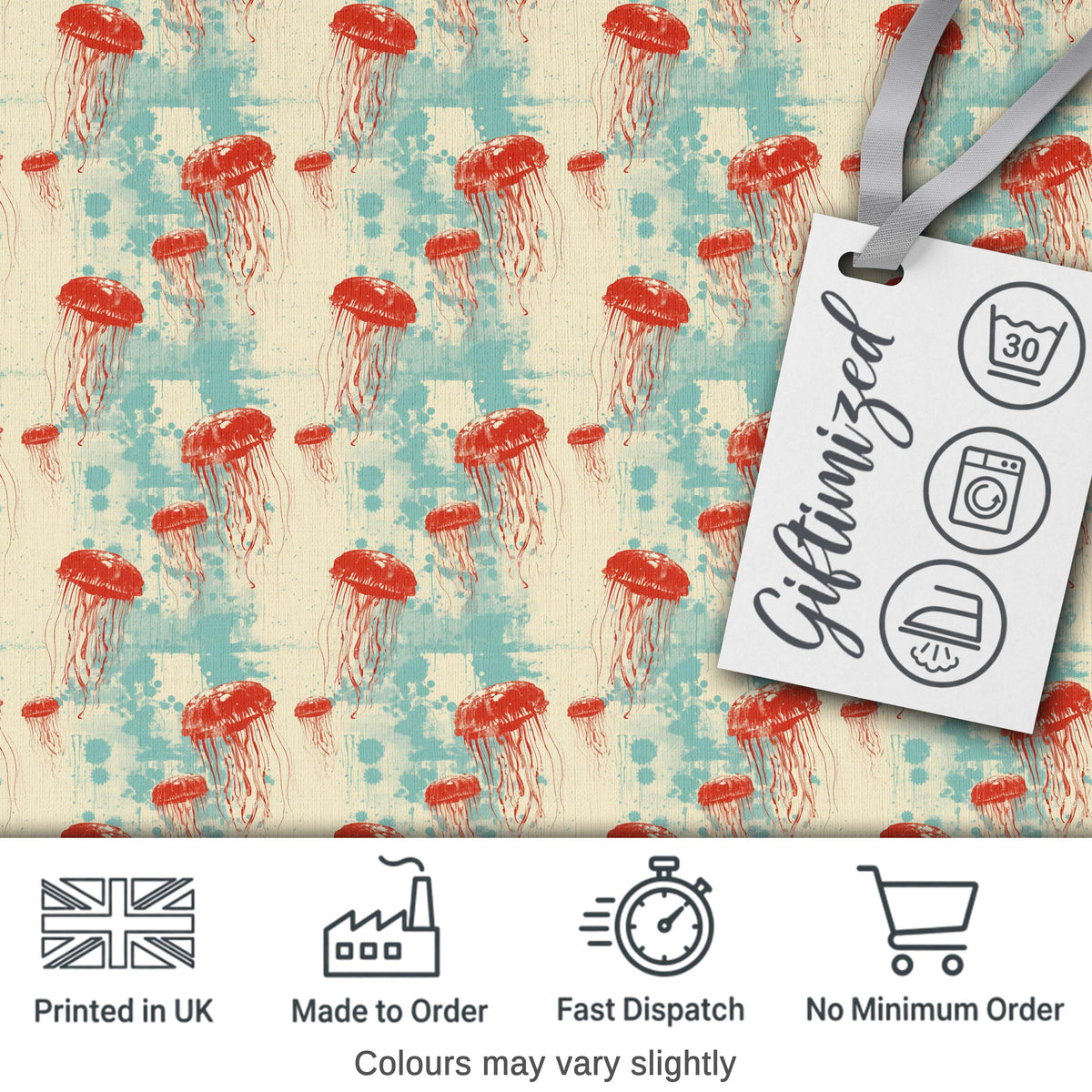 Red Jellyfish Illustration on Distressed BlueBackground Ocean Digital Print Fabric by the Metre UK Sewing Quilting Textile