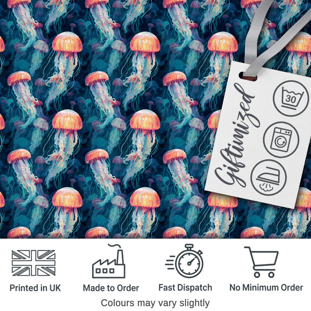 Glowing Jellyfish in Deep Ocean Blue Seamless Underwater Pattern Digital Print Fabric by the Metre UK Sewing Quilting Textile