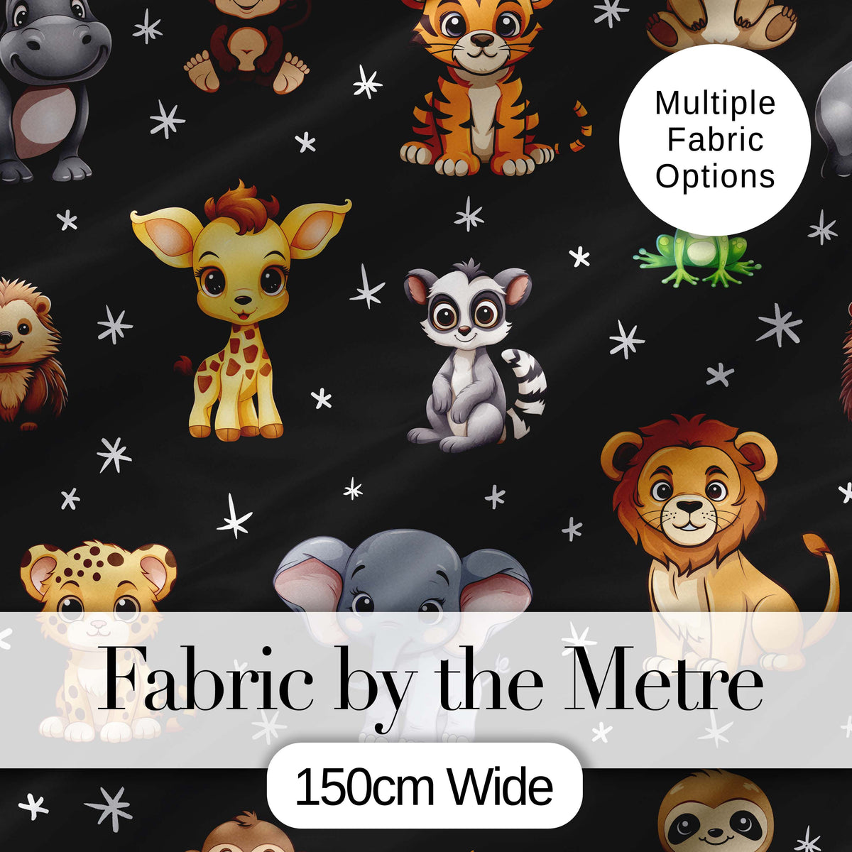Cute Cartoon Safari Animals with Stars on Black Background Nursery Pattern Digital Print Fabric by the Metre UK Sewing Quilting Textile