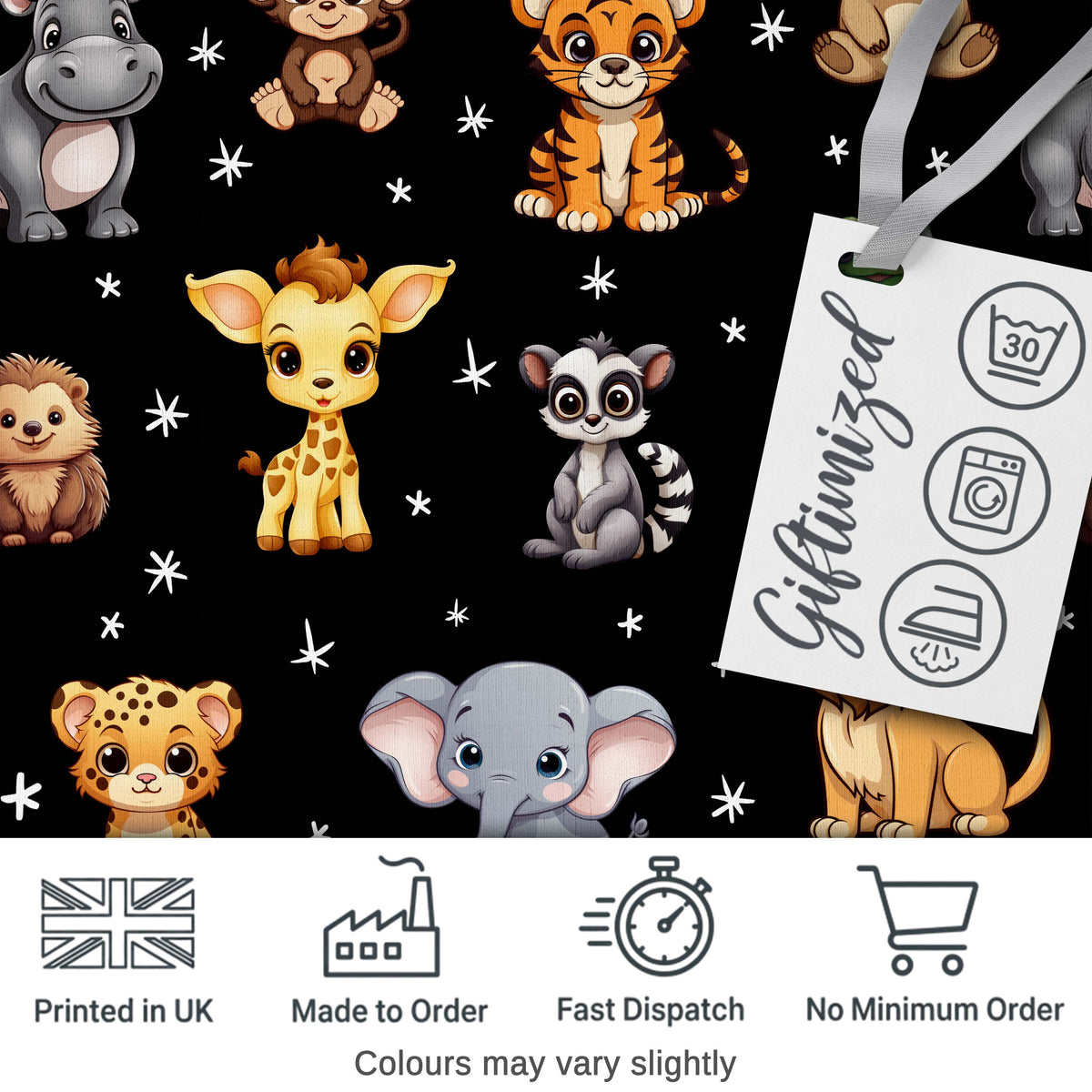 Cute Cartoon Safari Animals with Stars on Black Background Nursery Pattern Digital Print Fabric by the Metre UK Sewing Quilting Textile