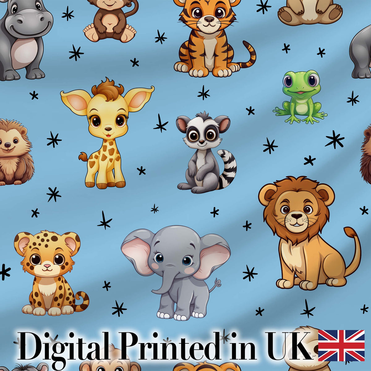 Cute Cartoon Safari Animals with Stars on Blue Background Nursery Pattern Digital Print Fabric by the Metre UK Sewing Quilting Textile