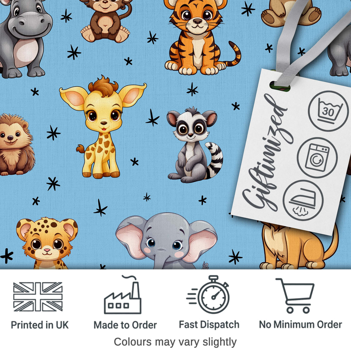 Cute Cartoon Safari Animals with Stars on Blue Background Nursery Pattern Digital Print Fabric by the Metre UK Sewing Quilting Textile