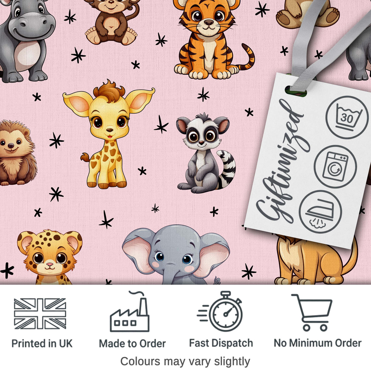 Cute Cartoon Safari Animals with Stars on Pink Background Nursery Pattern Digital Print Fabric by the Metre UK Sewing Quilting Textile