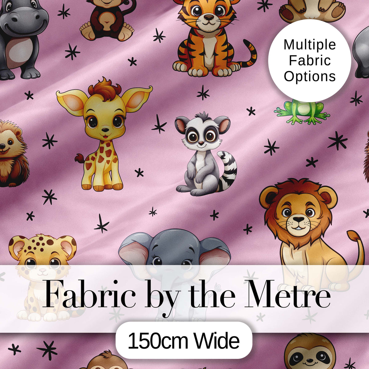 Cute Cartoon Safari Animals with Stars on Soft Pink Background Nursery Pattern Digital Print Fabric by the Metre UK Sewing Quilting Textile
