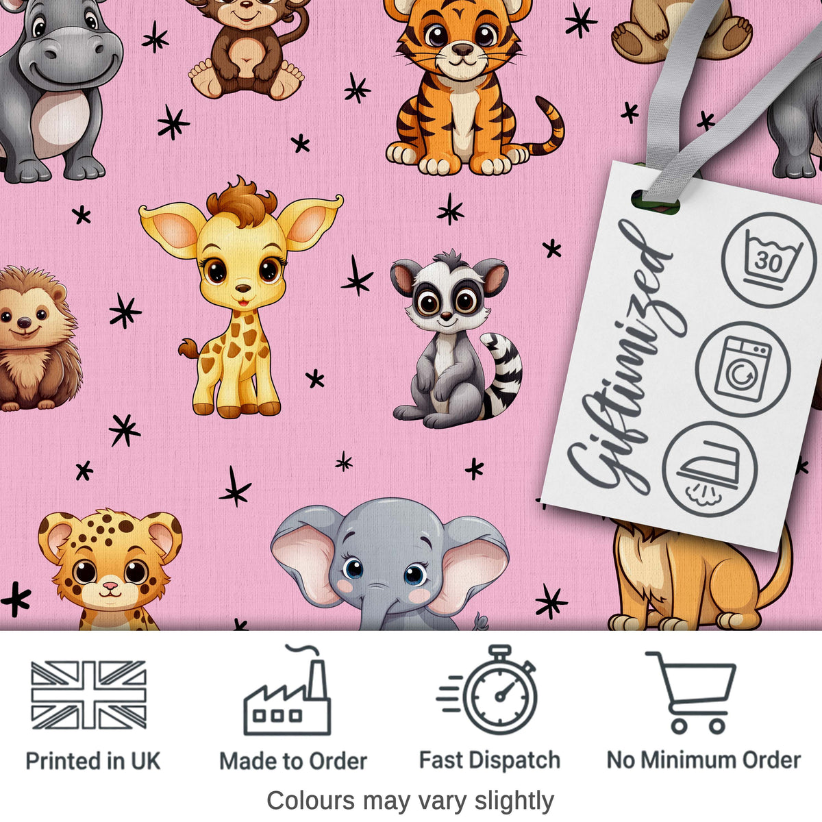 Cute Cartoon Safari Animals with Stars on Soft Pink Background Nursery Pattern Digital Print Fabric by the Metre UK Sewing Quilting Textile