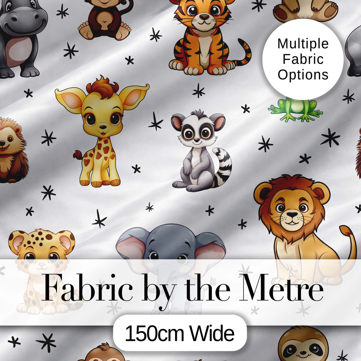 Cute Cartoon Safari Animals with Stars on Light Grey Background Nursery Pattern Digital Print Fabric by the Metre UK Sewing Quilting Textile