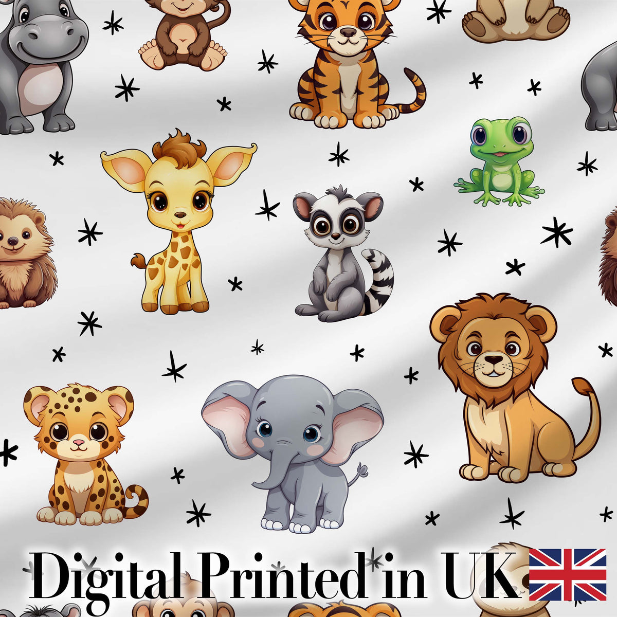 Cute Cartoon Safari Animals with Stars on Light Grey Background Nursery Pattern Digital Print Fabric by the Metre UK Sewing Quilting Textile