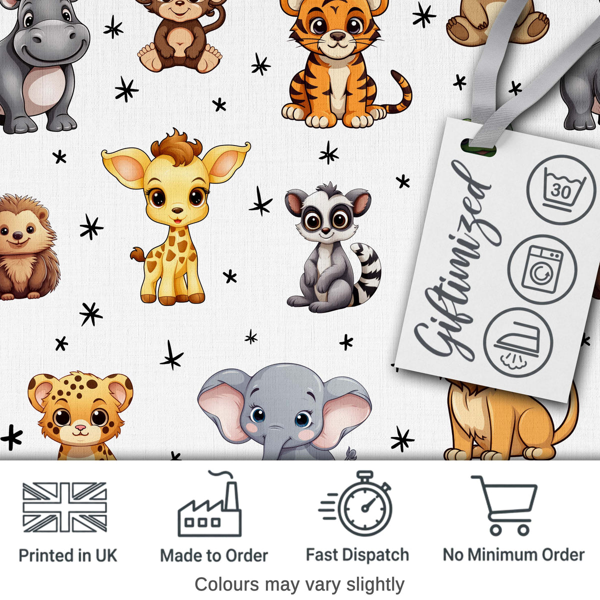 Cute Cartoon Safari Animals with Stars on Light Grey Background Nursery Pattern Digital Print Fabric by the Metre UK Sewing Quilting Textile