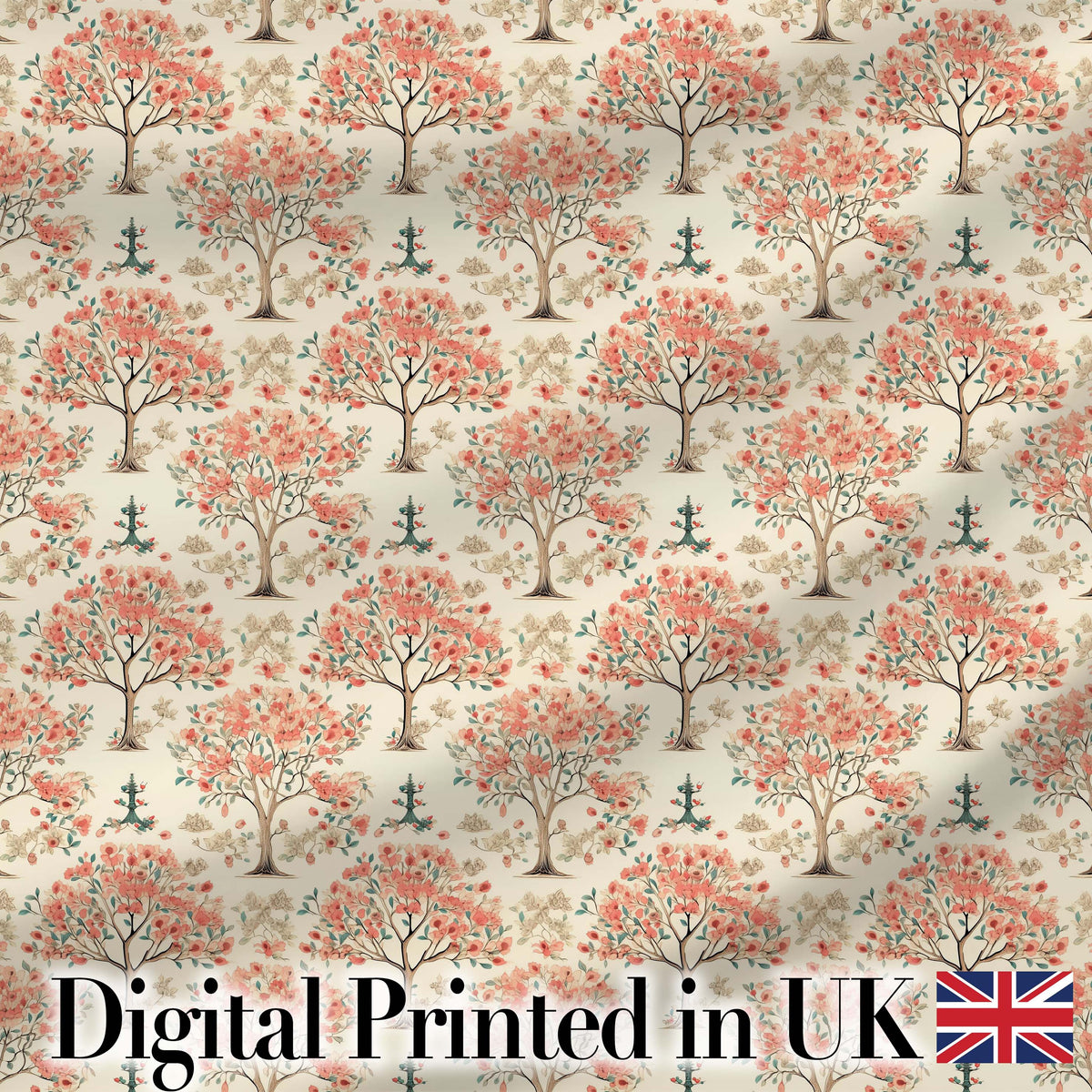 Vintage Style Blossom Trees with Birds Seamless Botanical Pattern Digital Print Fabric by the Metre UK Sewing Quilting Textile