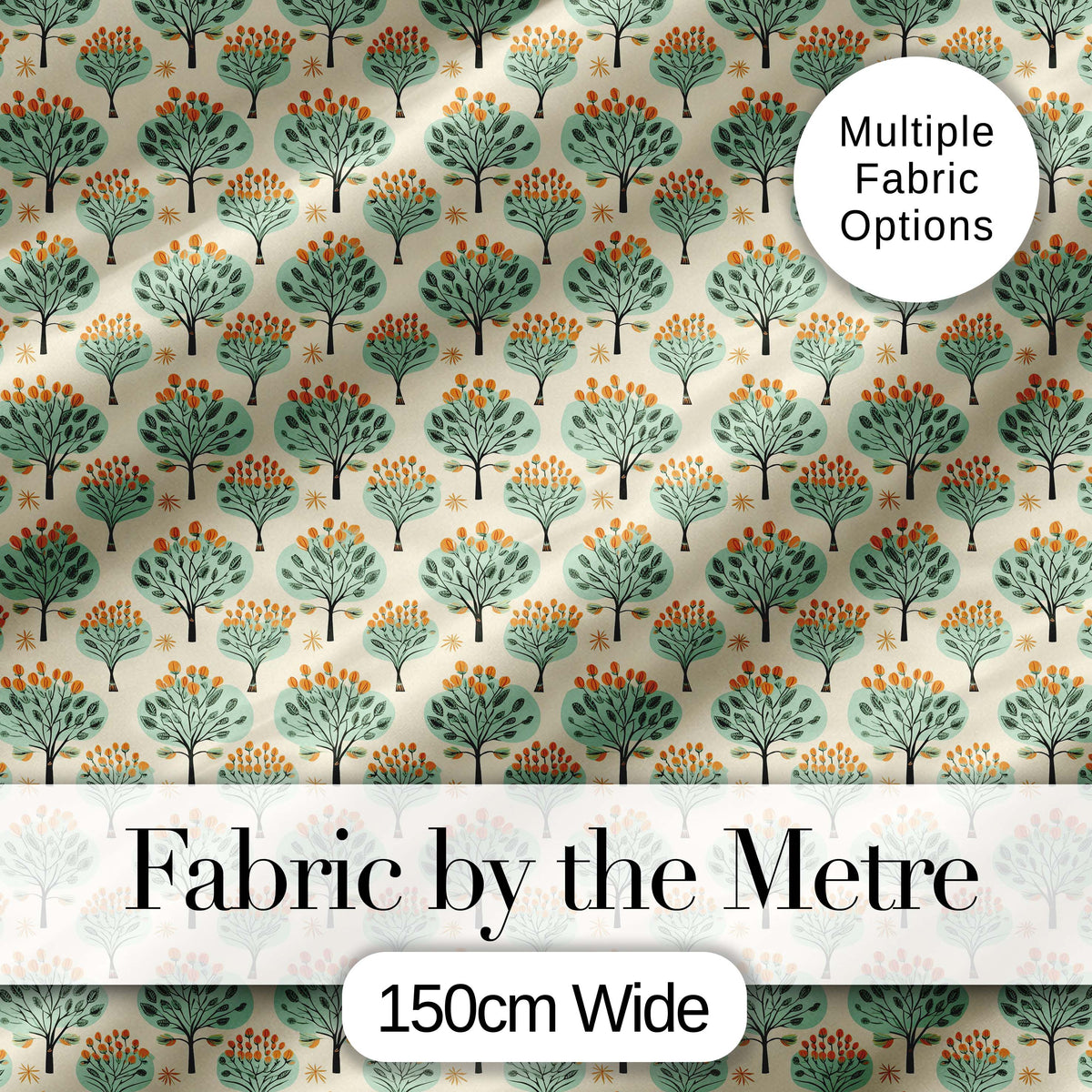 Stylised Green Trees with Orange Berries Seamless Retro Pattern Digital Print Fabric by the Metre UK Sewing Quilting Textile