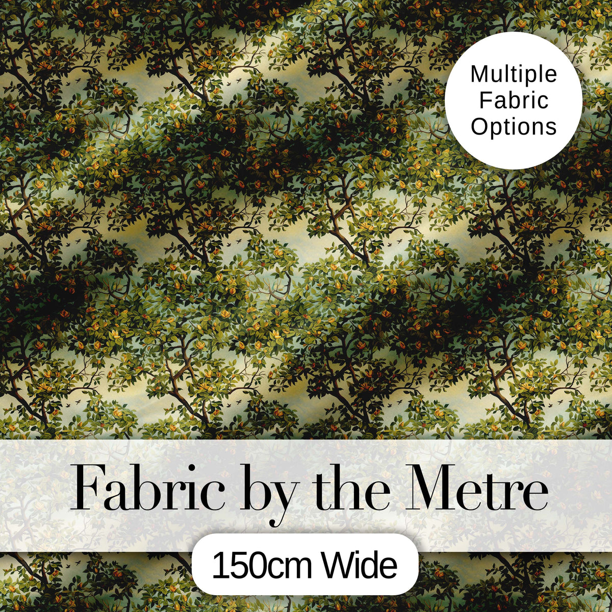 Lush Green Orchard Trees with Golden Fruit Scenic Repeat Pattern Digital Print Fabric by the Metre UK Sewing Quilting Textile