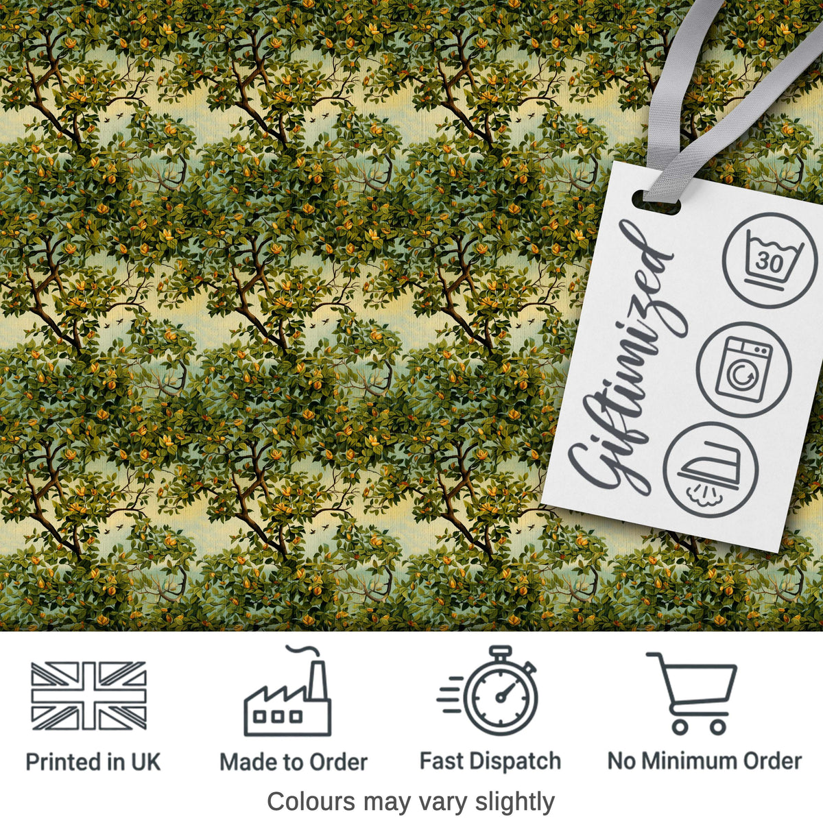 Lush Green Orchard Trees with Golden Fruit Scenic Repeat Pattern Digital Print Fabric by the Metre UK Sewing Quilting Textile