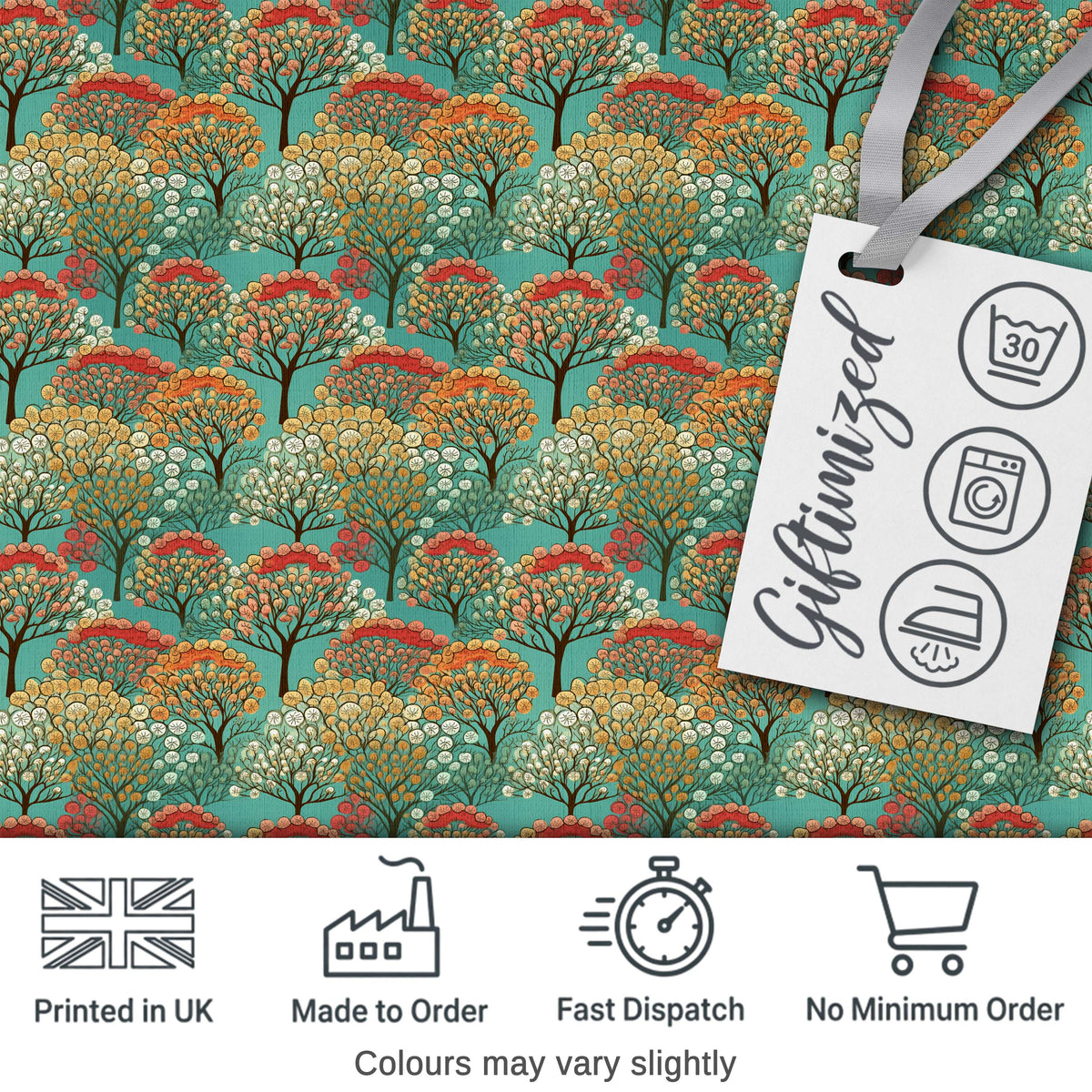 Colourful Retro Trees with Rounded Foliage on Teal Background Digital Print Fabric by the Metre UK Sewing Quilting Textile