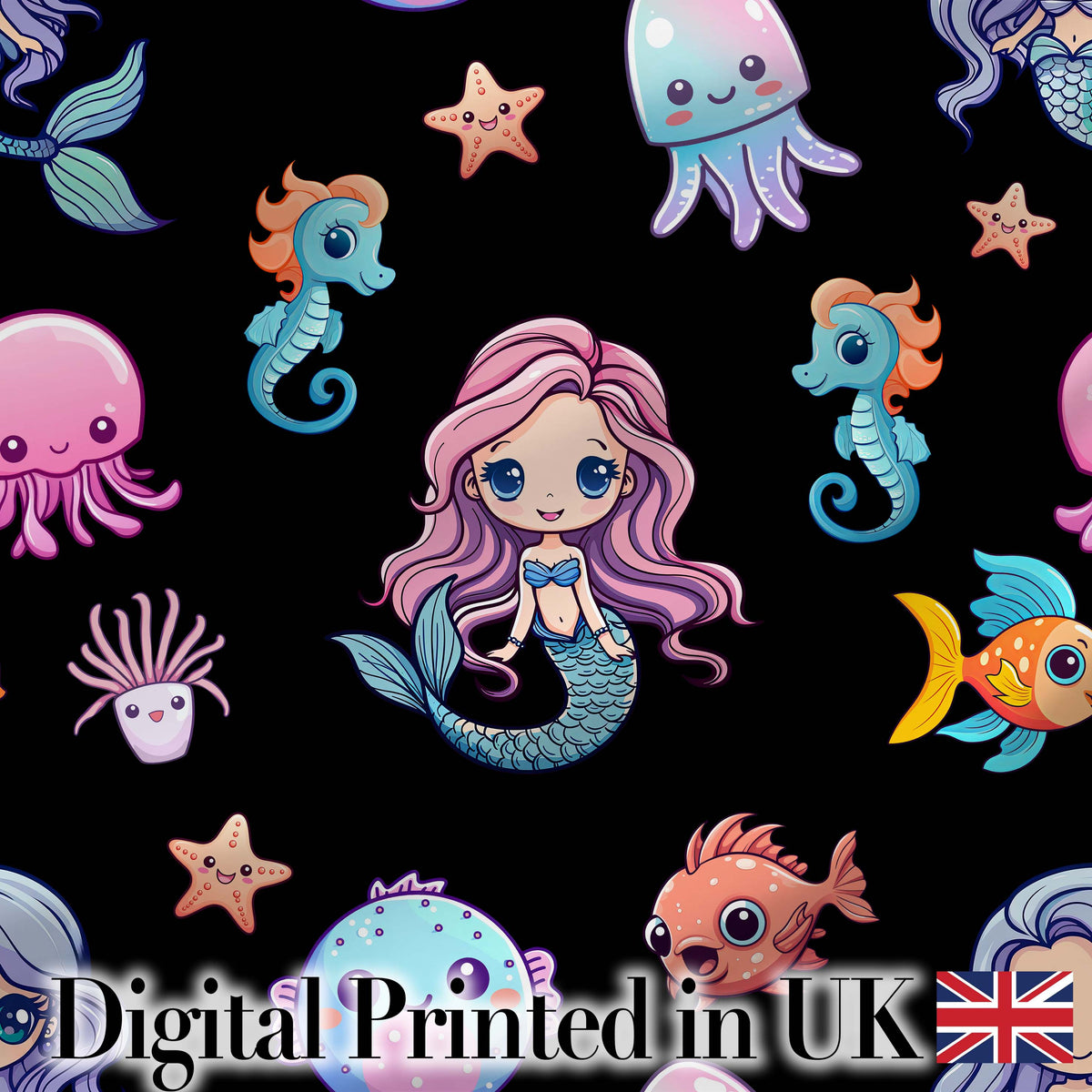 Cute Cartoon Mermaid with Sea Creatures on Black Background Kids Design Digital Print Fabric by the Metre UK Sewing Quilting Textile