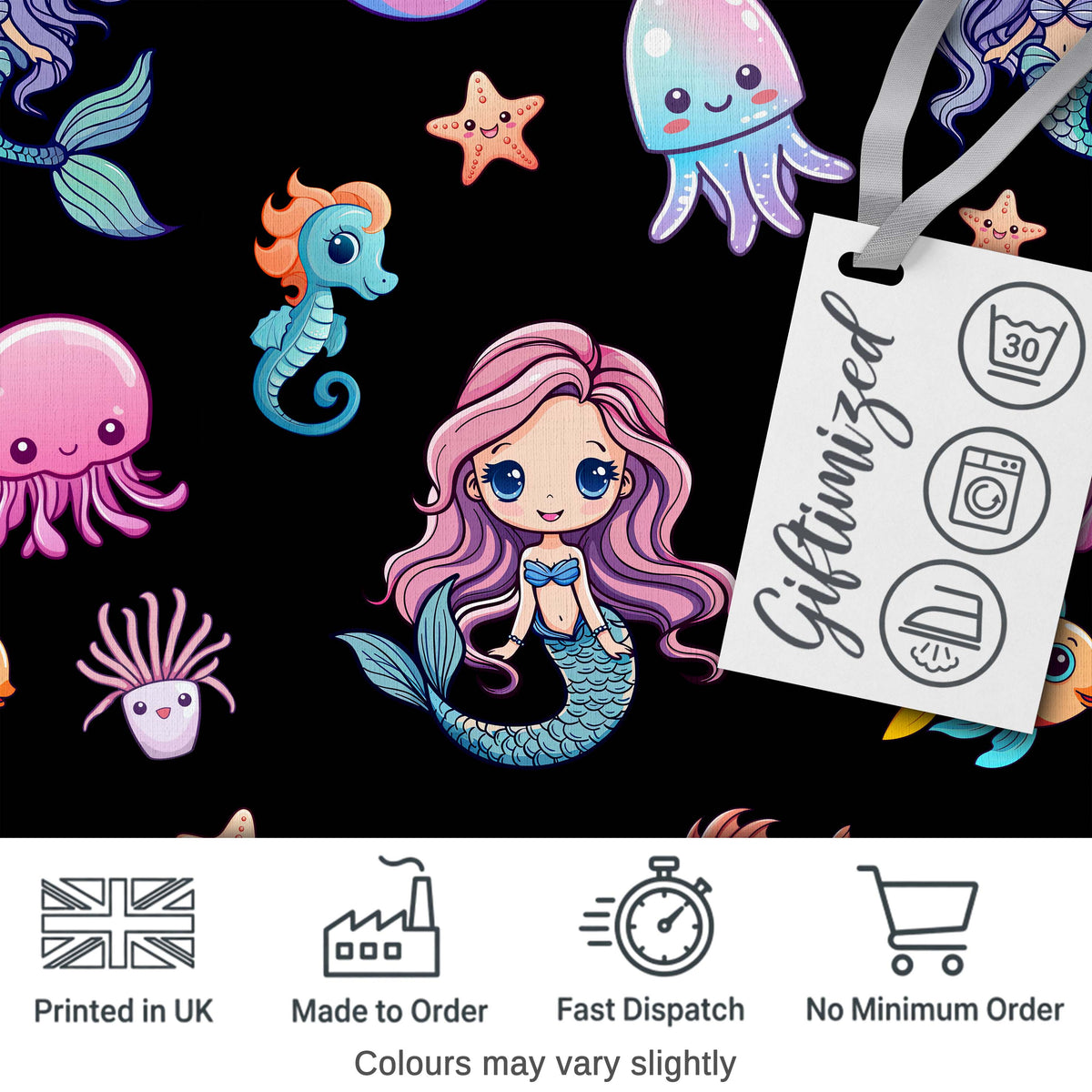 Cute Cartoon Mermaid with Sea Creatures on Black Background Kids Design Digital Print Fabric by the Metre UK Sewing Quilting Textile