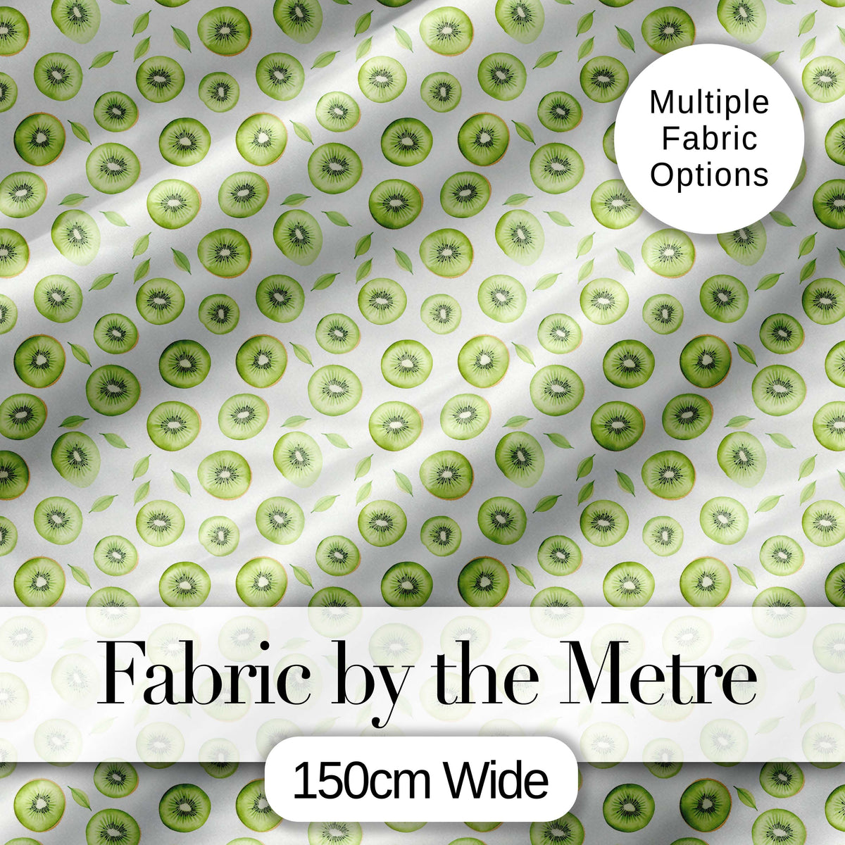 Kiwi Slice and Leaf Botanical Seamless Pattern on Light Background Digital Print Fabric by the Metre UK Sewing Quilting Textile