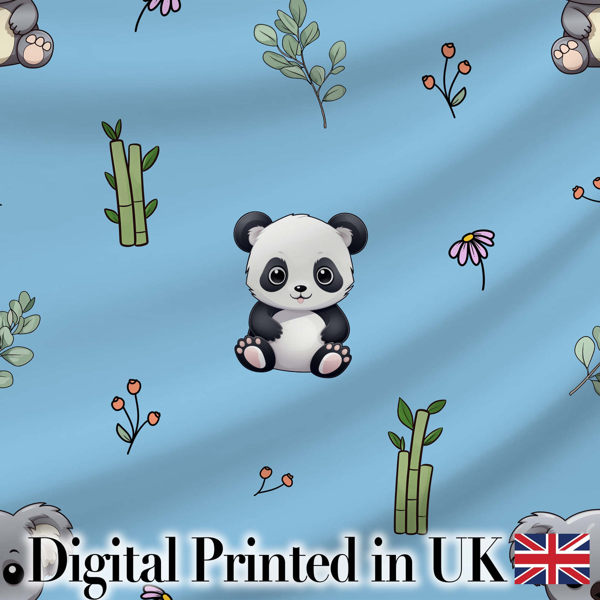 Cute Panda Bamboo and Floral Minimal Seamless Pattern on Sky Blue Background Digital Print Fabric by the Metre UK Sewing Quilting Textile