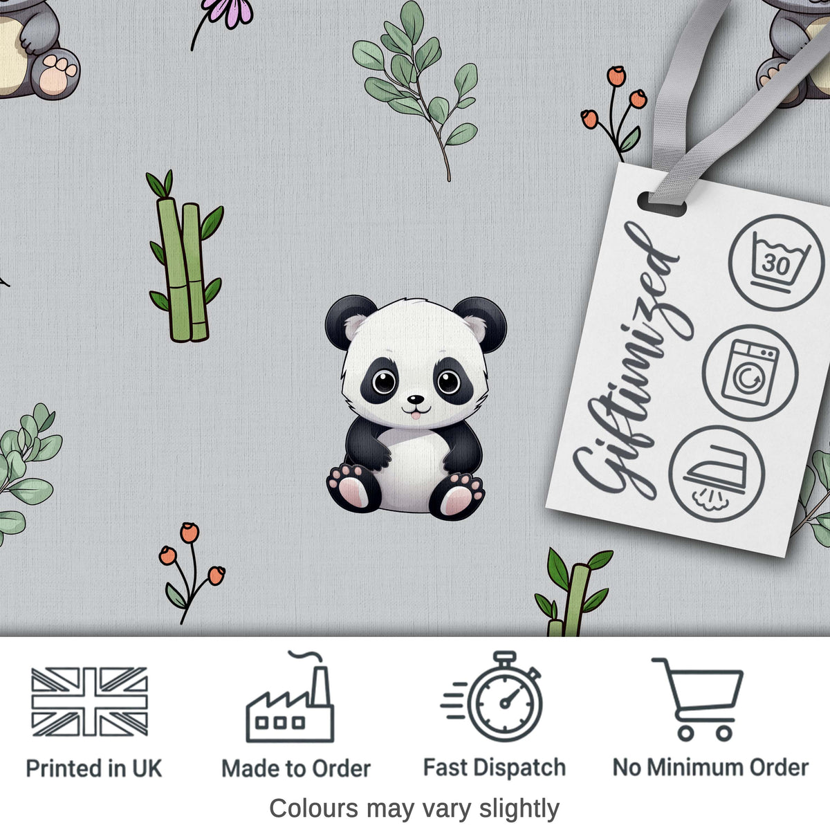 Cute Panda Bamboo and Floral Minimal Seamless Pattern on Light Grey Background Digital Print Fabric by the Metre UK Sewing Quilting Textile