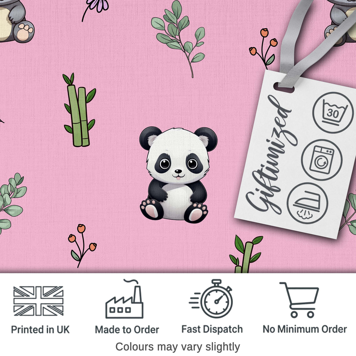 Cute Panda Bamboo and Floral Minimal Seamless Pattern on Blush Pink Background Digital Print Fabric by the Metre UK Sewing Quilting Textile