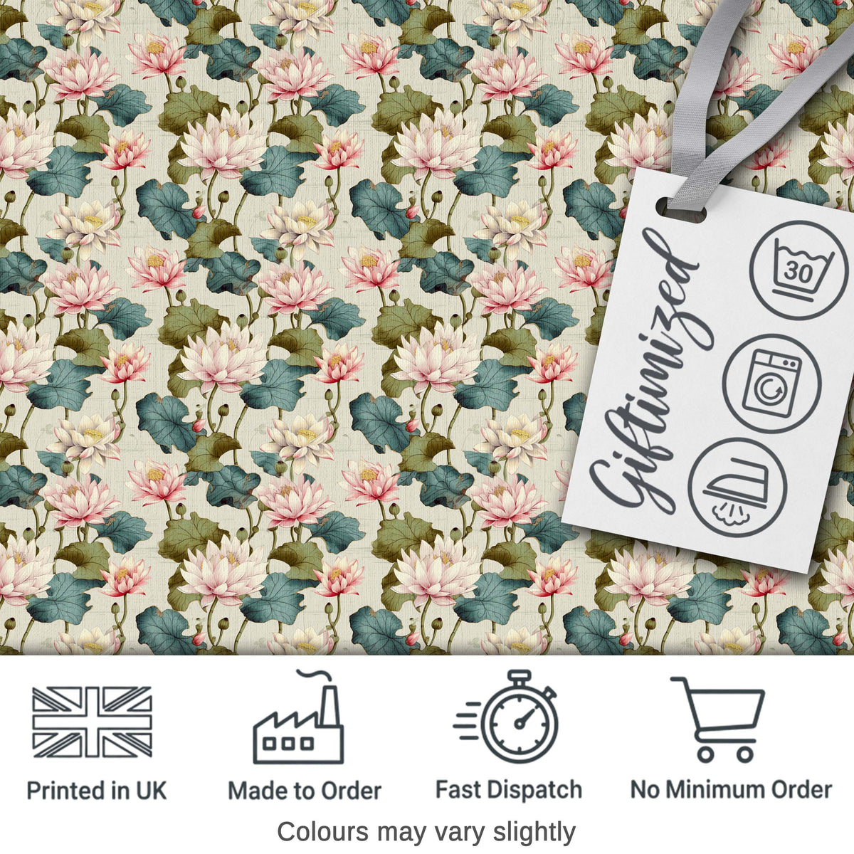 Classic Lotus Flower Pattern with Soft Pink Blooms and Green Leaves Digital Print Fabric by the Metre UK Sewing Quilting Textile