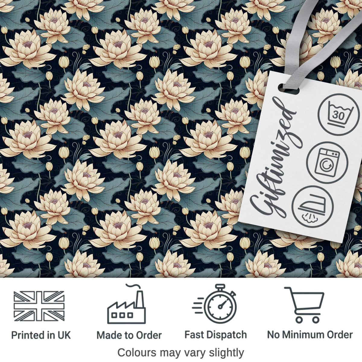 Cream Lotus Flowers on Deep Navy Background with Decorative Leaves Digital Print Fabric by the Metre UK Sewing Quilting Textile