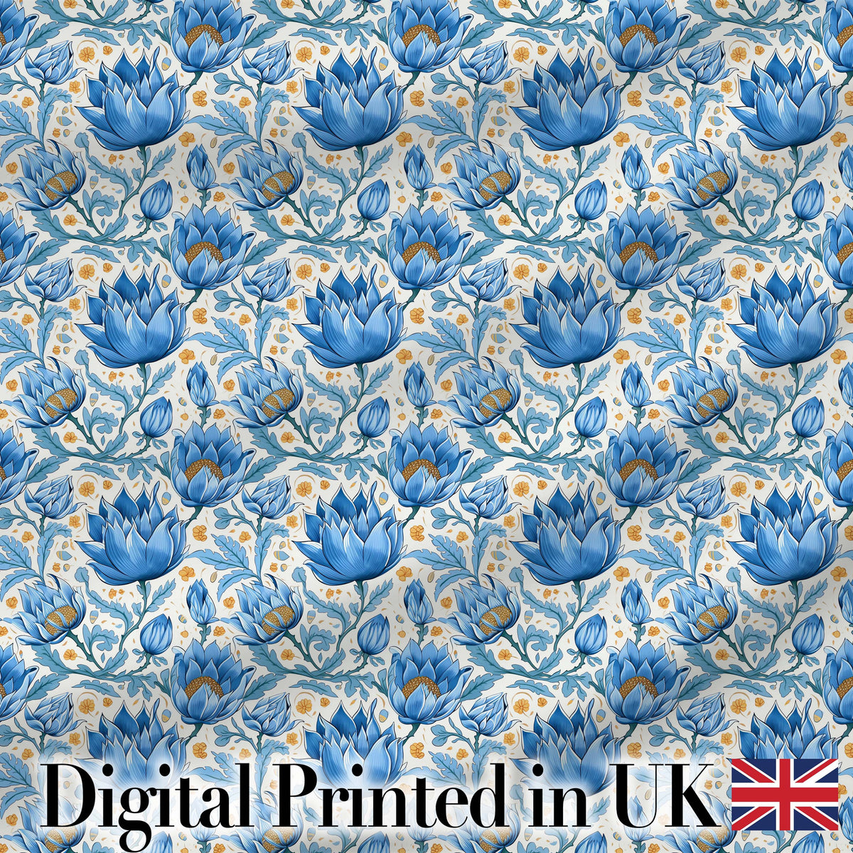 Detailed Blue Floral Pattern with Ornamental Botanical Motifs Digital Print Fabric by the Metre UK Sewing Quilting Textile