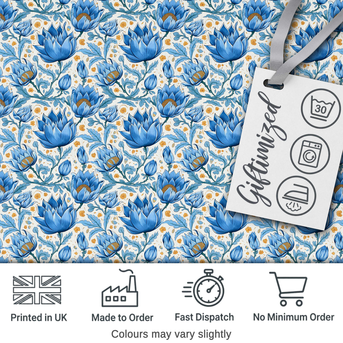 Detailed Blue Floral Pattern with Ornamental Botanical Motifs Digital Print Fabric by the Metre UK Sewing Quilting Textile
