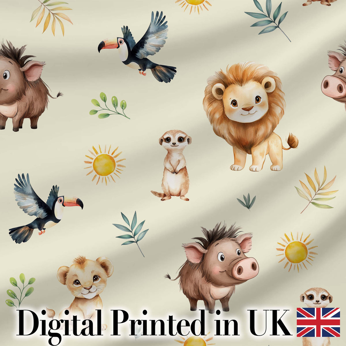 Cute Safari Animals Lion Meerkat Toucan and Warthog with Sun and Leaves on Beige Digital Print Fabric by the Metre UK Sewing Quilting Textile