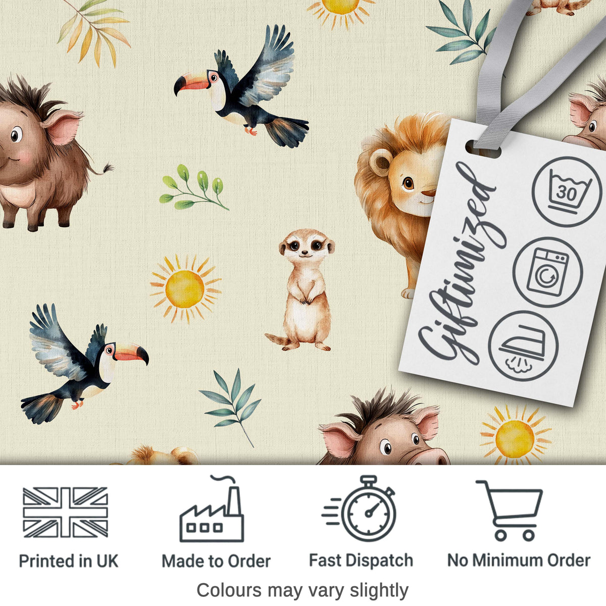 Cute Safari Animals Lion Meerkat Toucan and Warthog with Sun and Leaves on Beige Digital Print Fabric by the Metre UK Sewing Quilting Textile