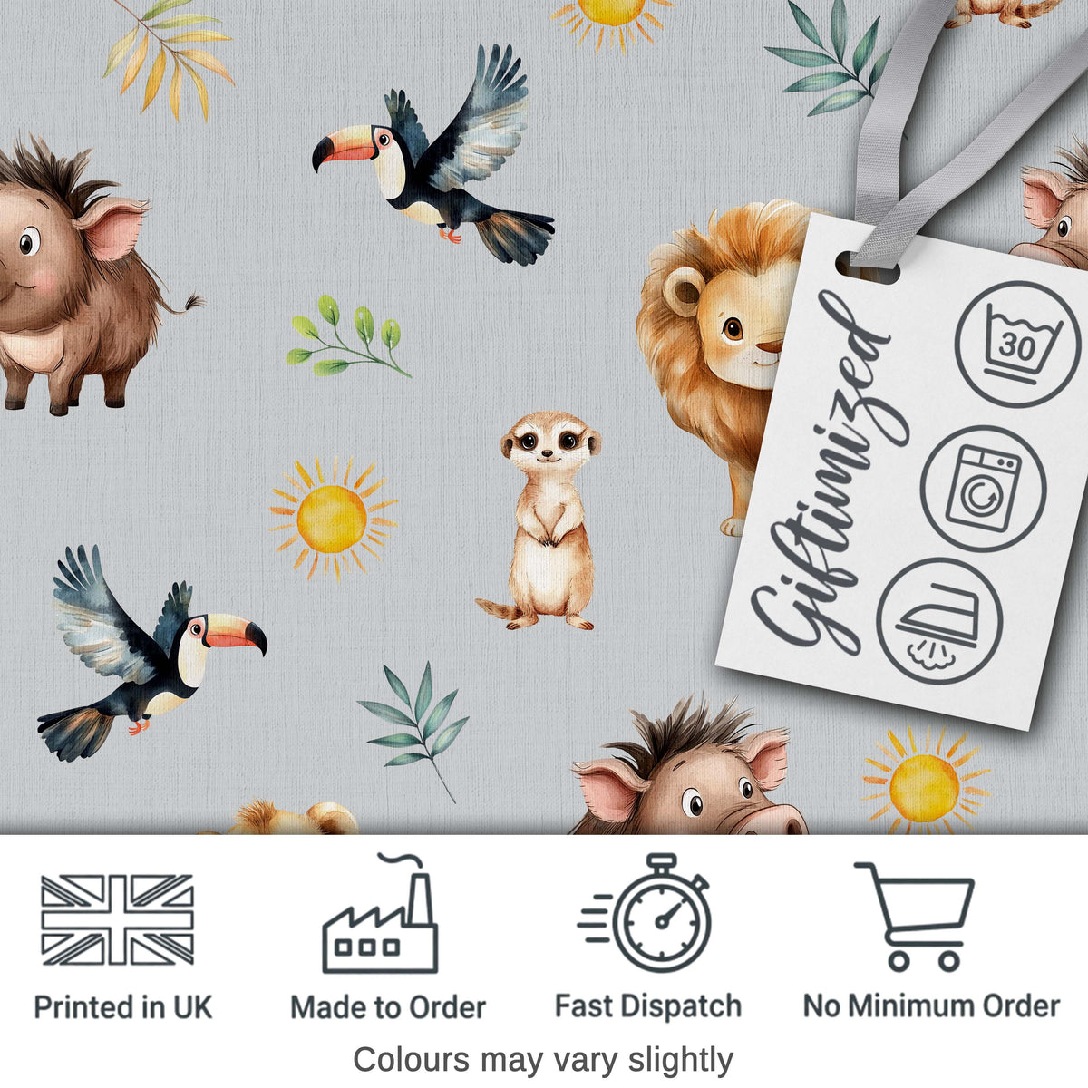 Cute Safari Animals Lion Meerkat Toucan and Warthog with Sun and Leaves on Grey Digital Print Fabric by the Metre UK Sewing Quilting Textile
