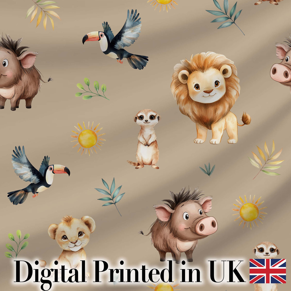 Cute Safari Animals Lion and Warthog with Sun and Leaves on Tan Pink Digital Print Fabric by the Metre UK Sewing Quilting Textile