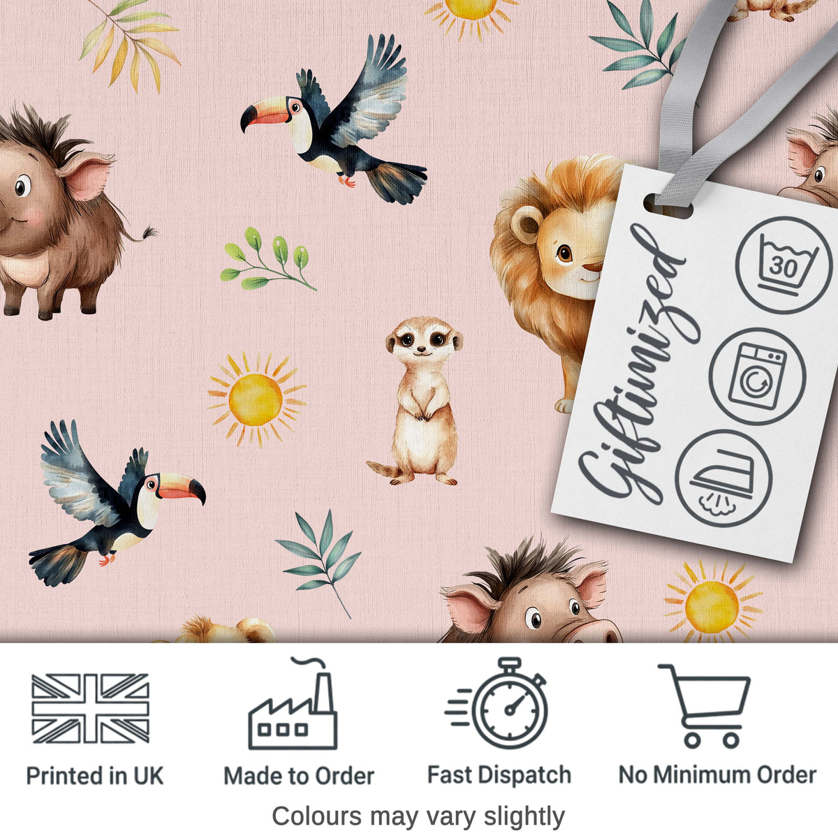 Cute Safari Animals Lion Meerkat, Warthog with Sun and Leaves on Mauve Pink Digital Print Fabric by the Metre UK Sewing Quilting Textile