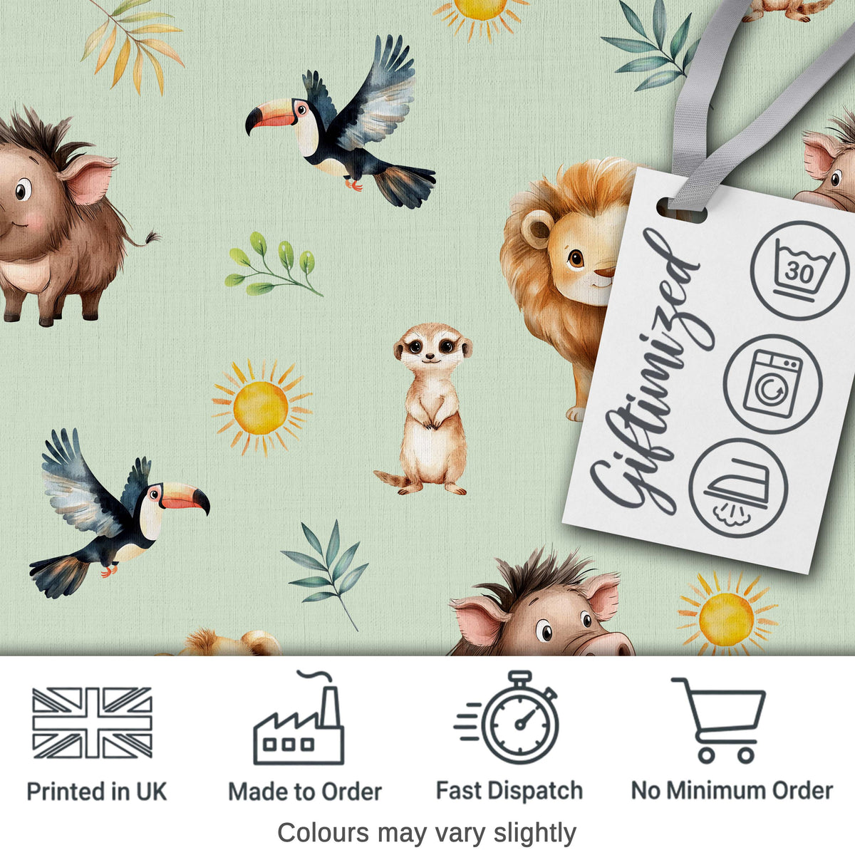 Cute Safari Animals Lion Meerkat Toucan and Warthog with Sun and Leaves on creamDigital Print Fabric by the Metre UK Sewing Quilting Textile