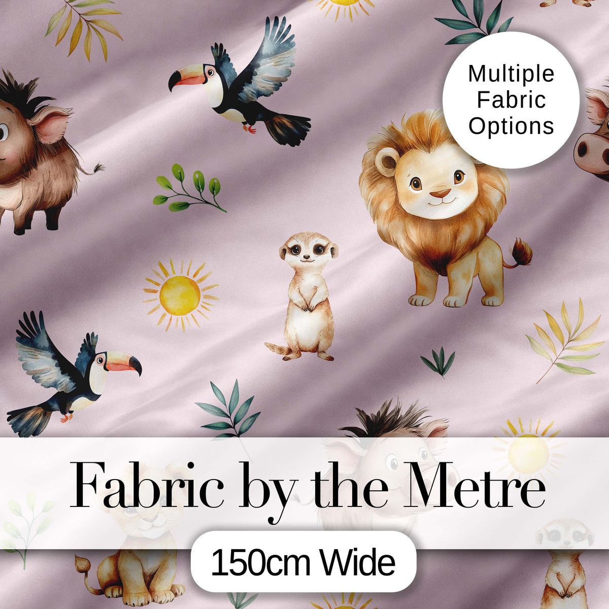 Cute Safari Animals Lion Meerkat Toucan and Warthog with Sun and Leaves on Pink Digital Print Fabric by the Metre UK Sewing Quilting Textile