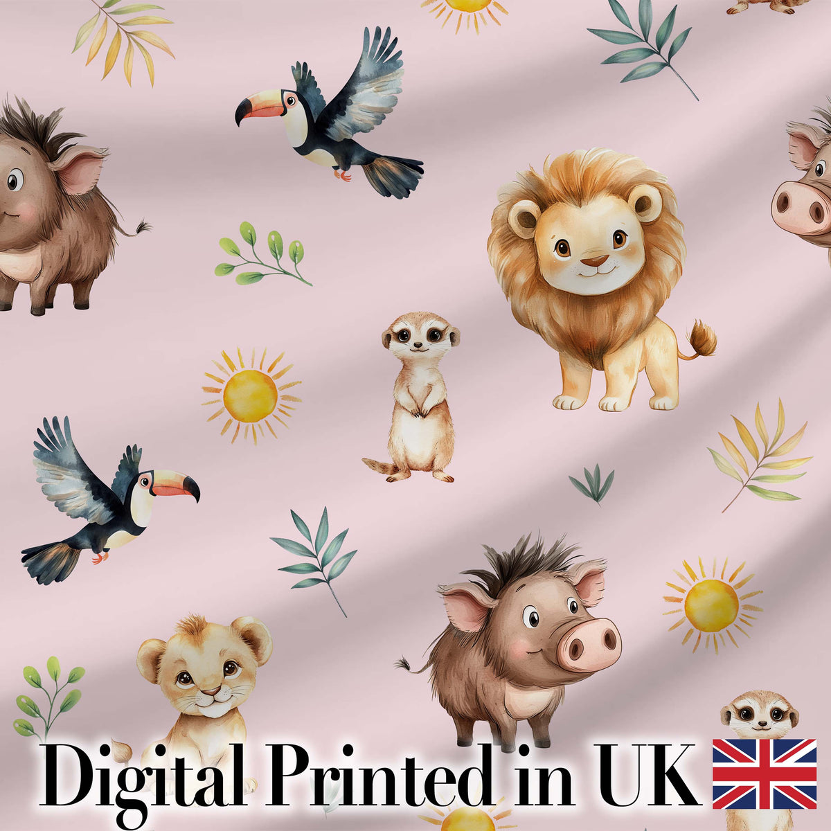 Cute Safari Animals Lion Meerkat Toucan and Warthog with Sun and Leaves on Pink Digital Print Fabric by the Metre UK Sewing Quilting Textile