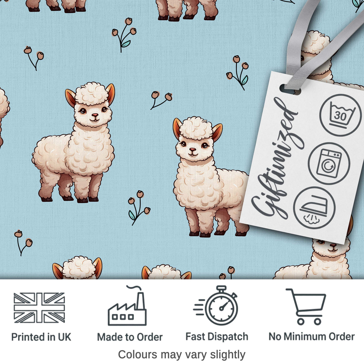 Cute Alpaca Llama Pattern with Floral Sprigs on Soft Blue Background Digital Print Fabric by the Metre UK Sewing Quilting Textile