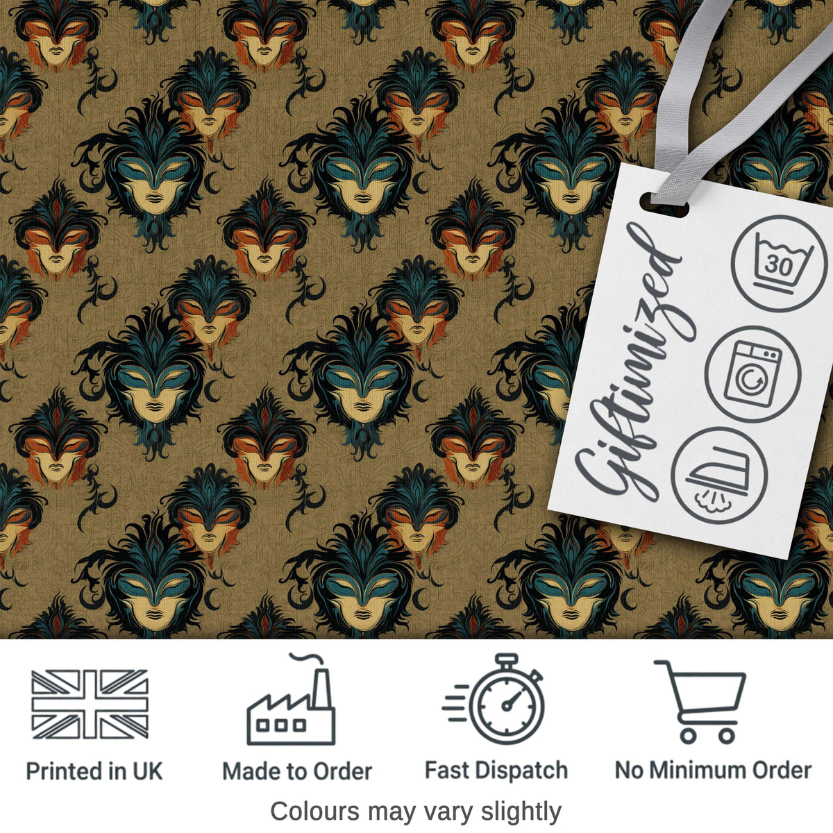 Luxurious Venetian Masquerade Mask Pattern with Gold and Jewel Tones on Black Digital Print Fabric by the Metre UK Sewing Quilting Textile
