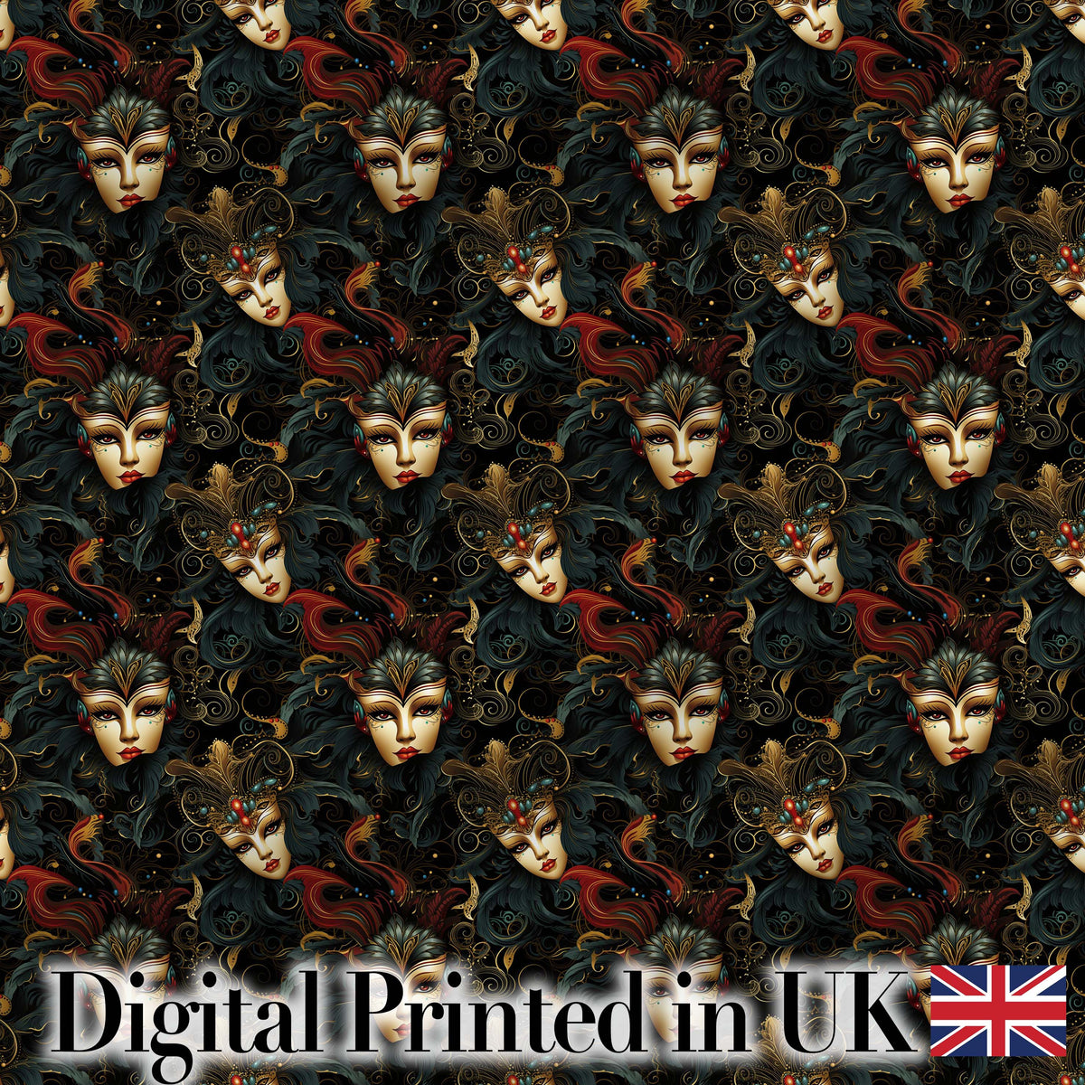 Art Nouveau Style Mask Pattern with Flowing Hair and Decorative Elements Digital Print Fabric by the Metre UK Sewing Quilting Textile