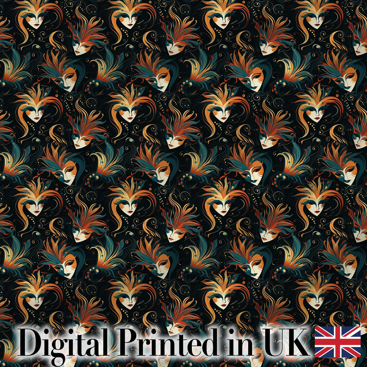 Stylised Fantasy Mask Pattern with Flowing Hair in Warm Orange and Teal Tones Digital Print Fabric by the Metre UK Sewing Quilting Textile