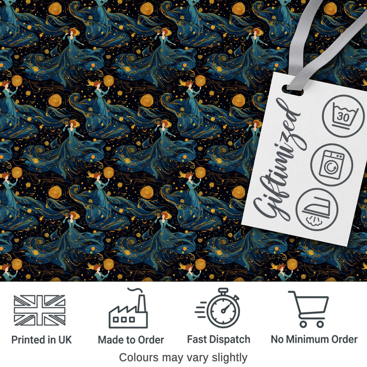 Celestial Goddess in Flowing Blue Dress with Stars and Golden Digital Print Fabric by the Metre UK Sewing Quilting Textile