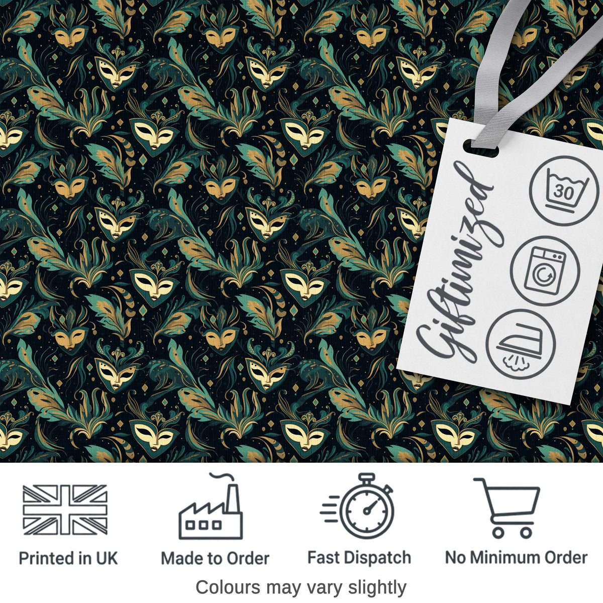 Elegant Teal and Gold Masquerade Masks with Feathers Dark Background Digital Print Fabric by the Metre UK Sewing Quilting Textile