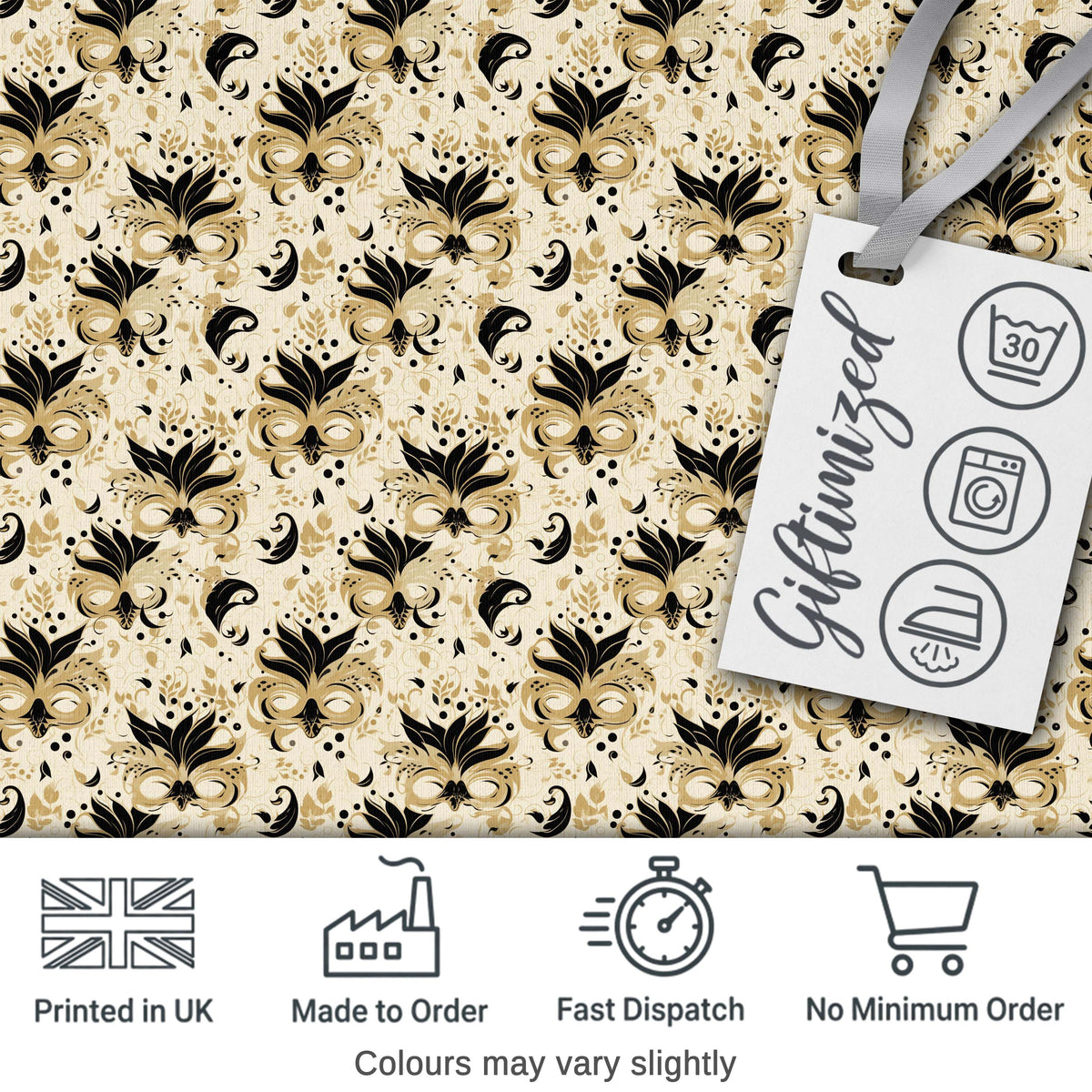 Classic Black and Gold Floral Masquerade Mask Pattern on Cream Seamless Digital Print Fabric by the Metre UK Sewing Quilting Textile